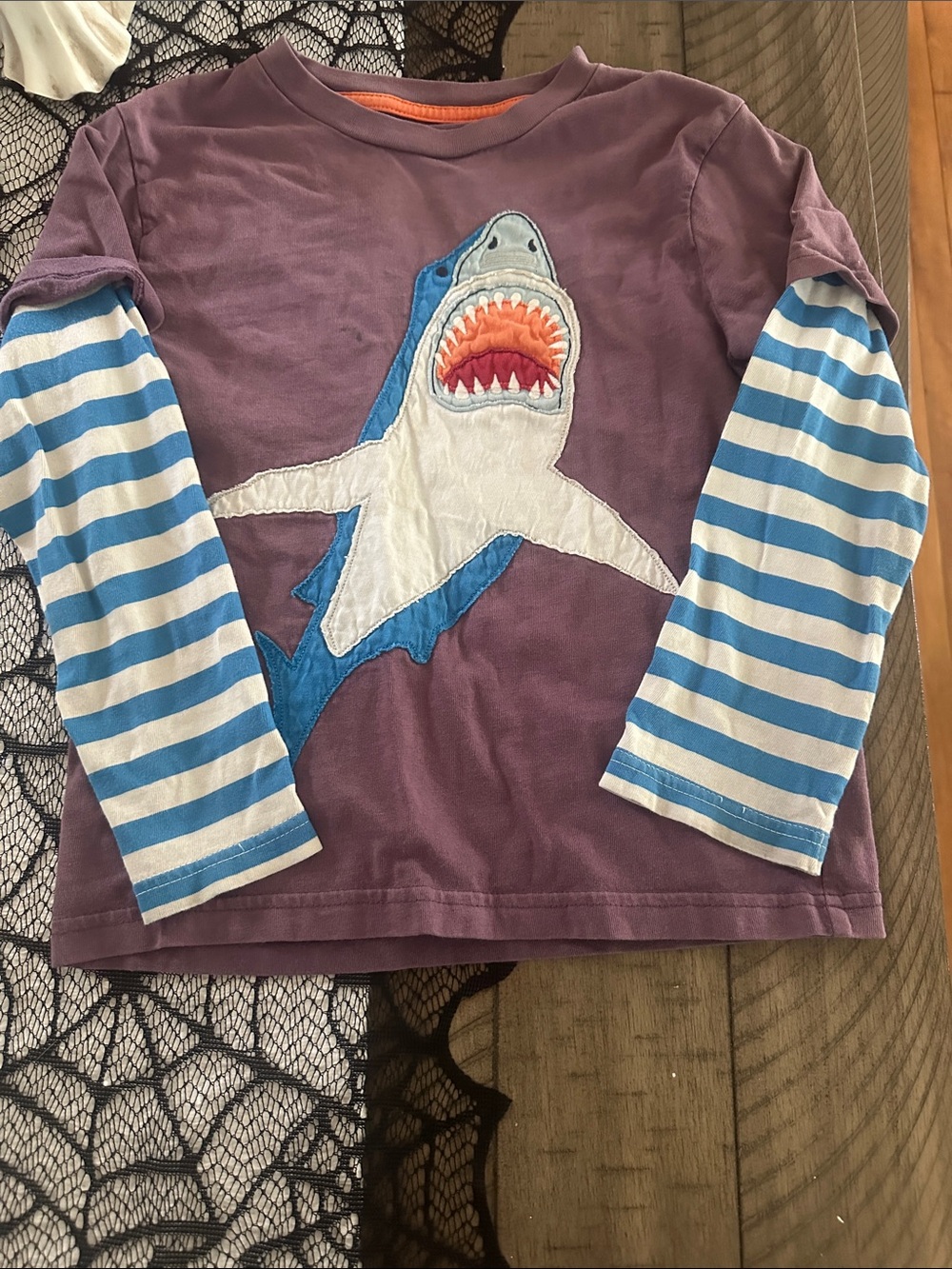 Mini Boden Purple Long-Sleeve Shark Tee with Blue Striped Sleeves